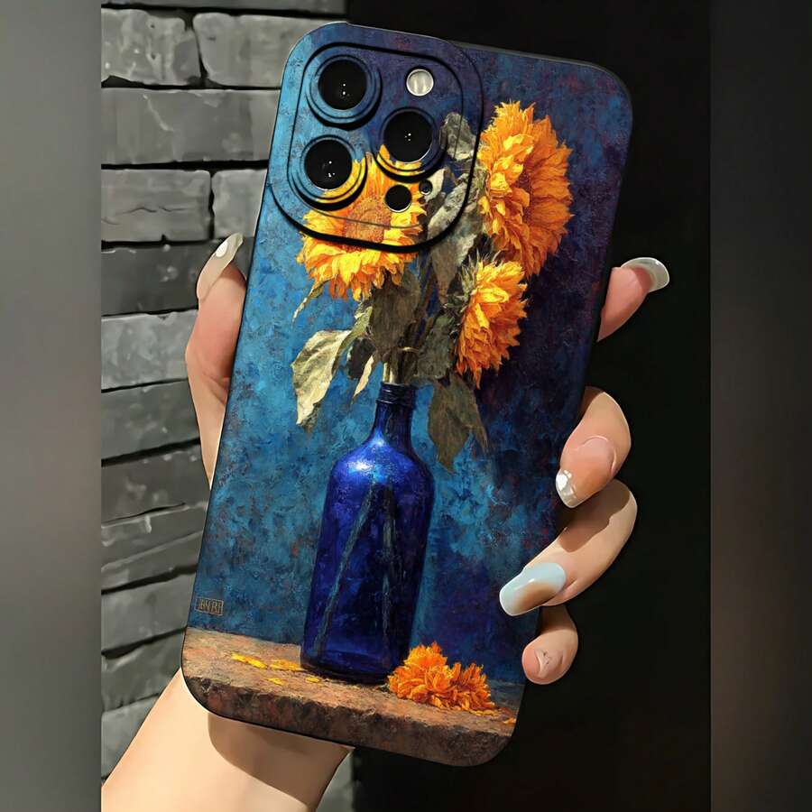 2026 nueva funda de teléfono esmerilada, funda de teléfono con impresión artística de girasol en jarrón azul para iPhone 17 14 Pro Max 13 12 11 Xs Max Xr X Galaxy S23 S22 S21 Plus S20 Ultra S10 Edge Note 20 10, regalo de pareja para él y ella, regalo de San Valentín o cumpleaños - Azul Klein - Ver 1