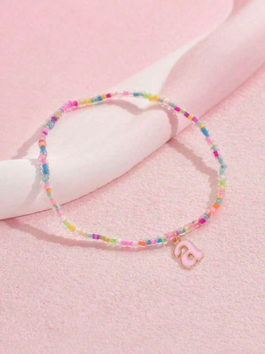 1pc Fashionable & Cute 26 Letter Pendant Colorful Plastic Seed Bead Elastic Anklet, Teens Anklet (Seed Bead Color Random)