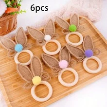 6PCS Easter Bunny Ears Napkin Rings Rustic Rabbit Ear Wooden Napkin Holders For Home Farmhouse Party Table Decoration - Multicolor - View 2
