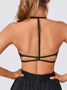 Women's Solid Black & White Splicing Fashion Removable Padded Round Neck Backless Sports Knit Bra - Black and White - View 2