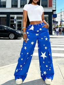 American Baddie Star Print Wide Leg Pants, Navy Blue, Large Pockets, Casual Street Style, Spring/Summer - Blue - View 3