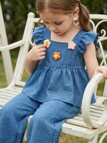 BASUSARRI 2pcs/Set Girls Ruffled Vest Top With 3D Jacquard Mesh Pants, Elegant Chinese Style Outfit For Summer - Blue - View 3