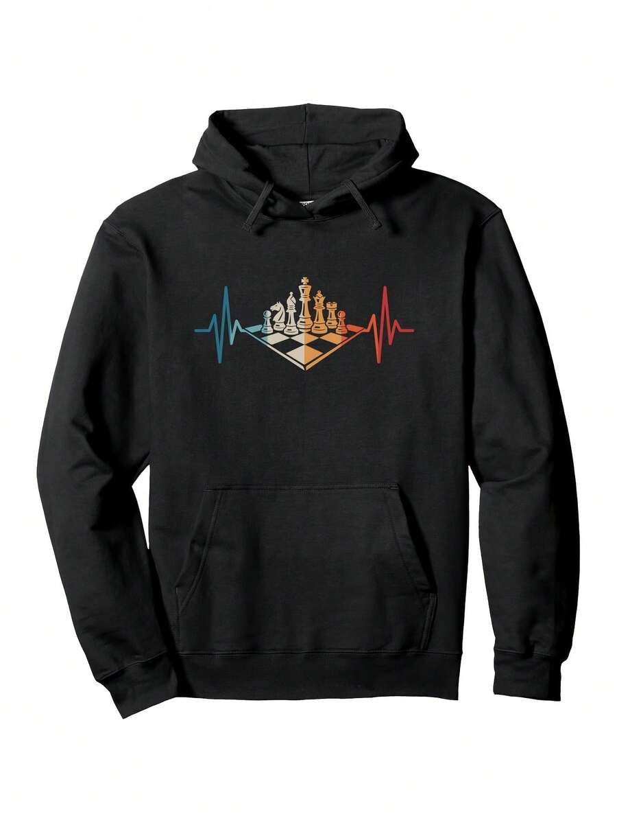 Chess Player Heartbeat Graphic Hoodie - Cotton Blend, Lightweight Pullover For Men And Women, Ideal For Board Game Enthusiasts, Hine Washable - Đen 1 - Xem 1