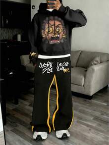 Lonblece 2pcs Men's American Style Hand-Drawn Cartoon Character Print Hoodie And Sweatpants Set, Autumn - Black - View 1