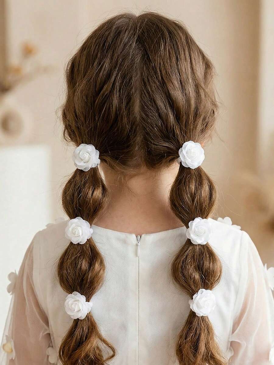 6 قطع/12 قطعة أربطة شعر بزهور بيضاء للبنات، مجموعة أربطة وكبكبات شعر، مناسبة للزينة اليومية