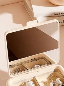 1pc Portable Jewelry Box, Mini Compact With Mirror, Earring Stud Necklace Ring Storage Box, Small Elegant Jewelry Organizer Box, Multi-Layer Jewelry Display Case For Earrings Necklaces Bracelets Rings, Bathroom Storage - Multicolor - View 7