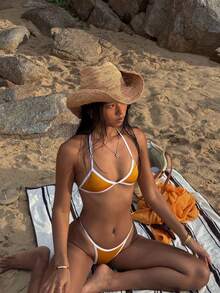 Conjunto de bikini con tirantes finos de contraste amarillo y blanco para mujeres, con detalle de lazo en la espalda para vacaciones, playa y verano - Naranja - Ver 3