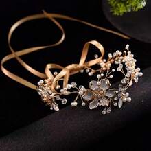 1pc Handmade White Flower Headpiece, Vintage Fashion Faux Pearl Bridal Headband, Hairclip-Free Retro Accessory For Travel, Photography, Elegant Occasions, Suitable For Wedding, French Style, Faux Pearl Graceful Hair Decor, Shiny Zinc Alloy For Proposal Valentine's Day Accessories - A - View 3