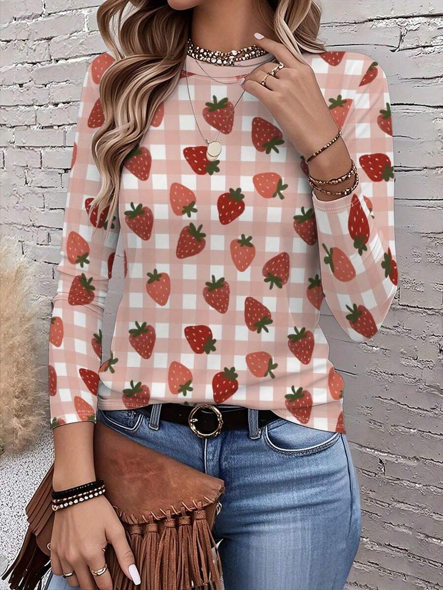 Women's Strawberry Print All-Over Checkered Tunic Top - Long Sleeve Round Neck Casual Blouse With Strawberry & Gingham Pattern, Spring/Fall Layering Essential, Machine Washable Pink & Red Fruit Design, Relaxed Fit For Casual Attire, Vibrant Strawberry Print With Checkered Background, Soft And Comfortable Fabric, Chic And Playful Style For Women - Mixed Color - 查看 1