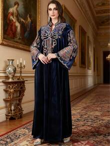 Áo choàng nữ bằng nhung thêu cổ, kiểu dáng chữ A tay dài thanh lịch, thích hợp cho tiệc tùng, đám cưới, trang phục Hồi giáo mùa xuân/thu lễ Eid. - Màu xanh hải quân - Xem 2