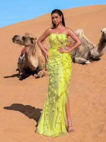 Faeriesty Embroidered Ruffle Hem Elegant Strapless Dress Party - Yellow - View 8