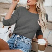 European And American Women's Fashion Wish Solid Color Fashion Long Sleeve Cashmere Sweater Top Women's Versatile 3D - Xám - Xem 12