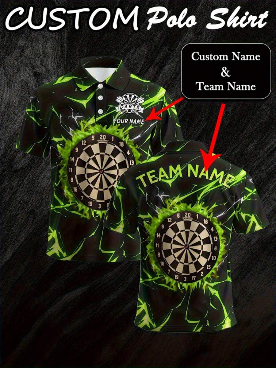 Customized Men's Polo Shirt, Darts Club Customized Polo Shirt, Can Print Name/Team Name/Number, Button Collar Short Sleeve, Moisture Wicking, Darts Competition Uniform - Green - View 1
