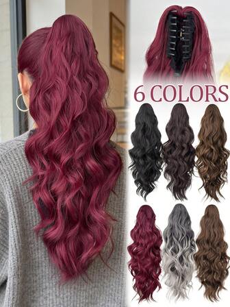 爪形马尾假发，黑色、棕色、酒红色渐变灰色，24英寸长波浪卷，耐热纤维合成马尾假发，适合女性在圣诞节、万圣节、音乐节、派对和日常使用。