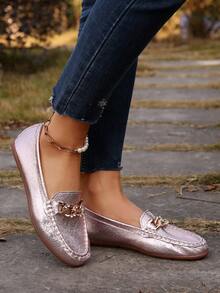 Women Round Toe Penny Loafer Flat Shoes, Large Size, Mirror Finish, Solid Color, Flexible, All-Season, Minimalist Design, Polyurethane Upper, Fabric Inner, TPR Sole, No Sequins, Hand Wash Or Professional Dry Clean - Rose Gold - View 7
