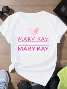 Mary Kay Logo Heart Pattern And Text Print Casual Short Sleeve T Shirt For Women And Men Fashion Personality Comfortable Loose Fit Spring Summer Style Valentine's Day Mother's Day - 白色 - 查看 2