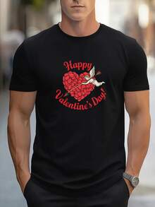 Camiseta de manga corta para hombres del Día de San Valentín - Impresión de Feliz Día de San Valentín con diseño de corazón de Cupido, camiseta casual de cuello redondo de verano, regalo romántico gris rojo para novio/esposo, camiseta lavable a máquina con patrón de corazón 2D, camiseta romántica 2D, camiseta gráfica de corazón 2D - Negro - Ver 7
