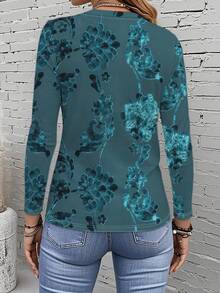 Women's Blue Floral All-Over Full-Body Print T-Shirt - Long Sleeve Round Neck Blouse, Casual Spring/Autumn Top With Full-Body Coverage, Machine Washable Non- Fabric For Casual Attire & Layering (In Stock) - Mixed Color - 查看 3