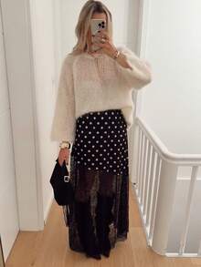 Women Satin Lace Trim Midi Skirt Polka Dot Print High Waist Long A-Line Skirts Vintage Silk Going Out Dress Y2k Streetwear Party Clubwear - 黑色蕾絲拼接 - 查看 3