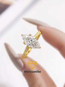 1pc 2 Carat Romantic Brilliant 6-Prong Moissanite & Cubic Zirconia Solitaire Engagement Ring, S925 Sterling Silver Luxury Engagement/Promise/Anniversary Ring, Women's Jewelry Gift, Christmas Gift - 六爪馬眼碎鑽莫桑戒指-2ct - 查看 1