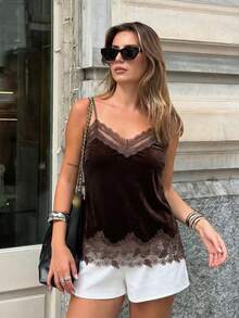 Top corto sexy de terciopelo con adorno de encaje vintage para mujer, para fiesta