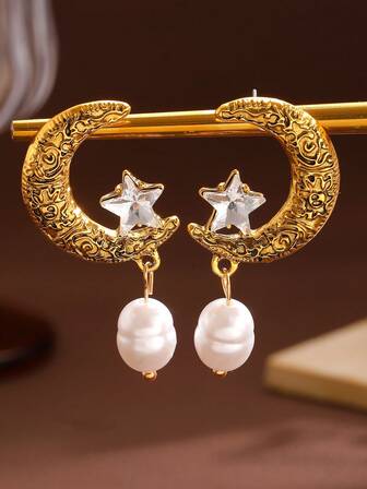 一对复古星月仿珍珠耳环，优雅星月吊坠耳环，适合日常佩戴/节日场合，礼品首饰