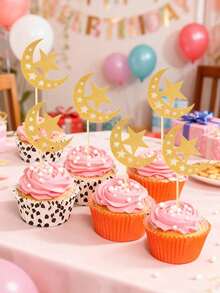 12个闪亮伊斯兰月亮星星纸杯蛋糕装饰插牌 - 闪耀的蛋糕装饰，适用于斋月、开斋节、生日和派对庆祝活动 | 耐用的节日用品，适用于开斋饭、家庭聚会和活动策划 - 彩色 - 查看 6