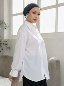 DAZY 女士纯色落肩长袖衬衫，长袖上衣商务休闲女装，秋季服装 - 白色 - 查看 4