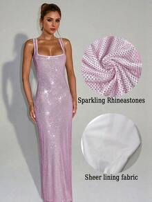 Elegant Sexy Spaghetti Strap Sequin Mesh Rhinestone Backless Dress, Showcasing Feminine Charm, Suitable For Parties, Birthdays, Graduations And Other Occasions - Pink - View 3