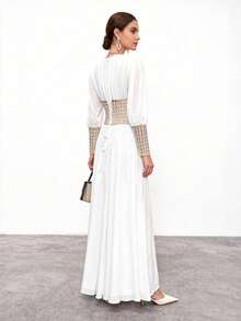 Women's Deep V-Neck Long Sleeve Ruched Elegant Rhinestone Waist Belt Design Party Dress Wedding - White - View 5