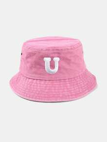 1pc Kids Heart & Letter Pattern Sun Hat, Casual Style With Adjustable Windproof Cord, Suitable For Outdoor, Beach, Sun Protection - Pink - View 10
