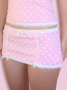 Women's Lace Patchwork Polka Dot Mini Skirt Set, Deep V Neck Backless Cami Top With Bow Half Skirt 2-Piece Set - 粉色 - 查看 2