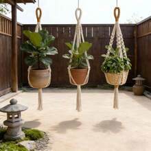 3件套手工编织花盆吊篮，波西米亚风格，室内植物架，含吊绳（不含植物和花盆） - 如圖所示 - 查看 5