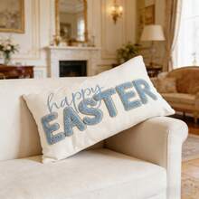 1pc Farmhouse Happy Easter Throw Pillow Cover 12x20 Inches, Embroidered Lumbar Cushion Cover For Sofa Couch, Easter Decorations For Home, Easter Gifts, Spring Home Decor, Easter Bunny Gift Ideas - Beige - View 3