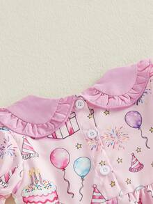 Little Girls Birthday Day Dress Summer Short Sleeve Doll Collar Letter Cake Balloons Print Dress - 粉色 - 查看 5