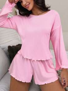 Bộ đồ ngủ 2 món màu trơn mới, thoải mái, cổ tròn, tay dài, áo viền ren, quần short cạp chun, chất liệu mềm mại, thoải mái dành cho nữ. - Hồng - Xem 4