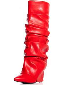 Women's Slouched Ruched Fold Over Boots - Patent Leather Covered Wedge Heel Wide Calf Pointed Toe Knee High Casual Boots - Red - View 2