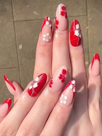 24片装短款杏仁形假指甲，情人节红色法式白色花朵尖头美甲，可爱铬合金亚克力按压式美甲，凝胶美甲套装（附赠：一片果冻胶和指甲锉），适合女性日常约会派对。