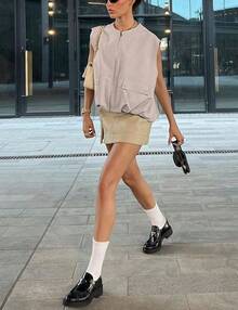 Women's Oversized Zip Up Cargo Vest Casual Ruched Hem Sleeveless Jackets Vest Top With Pockets - 灰色 - 查看 6