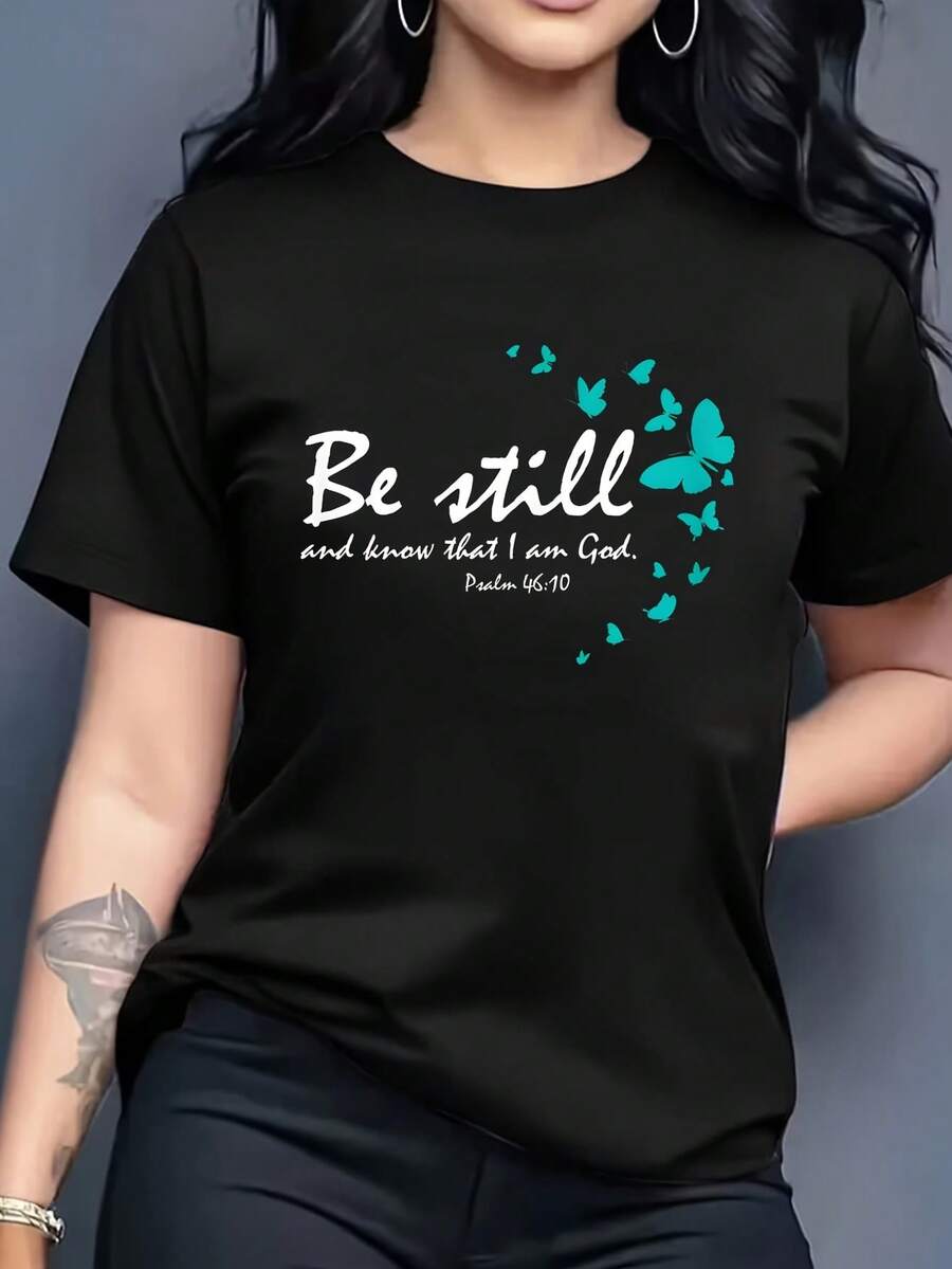 Christian Bible Verse Gifts Religious Butterfly Be Still God 1 Pcs Women's Plus Size T-Shirt Funny Oversized Graphic Short Sleeve Tee 100% Polyester Novelty Shirt 220g Casual Crew Neck Top - 黑色 - 查看 1