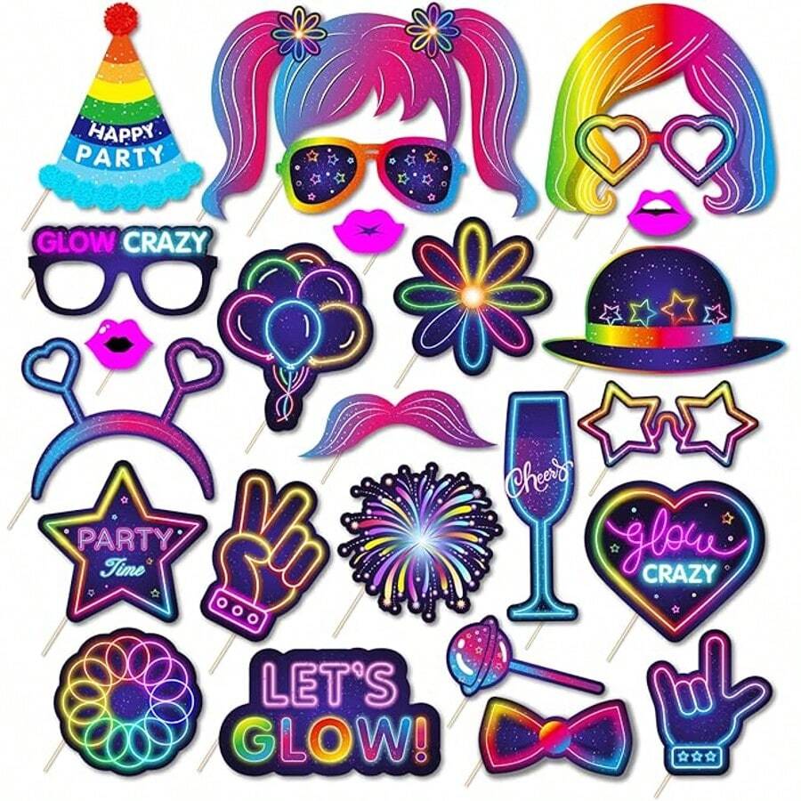 25pcs Neon Light Photo Booth Props With Stands, Glow-In-The-Dark "Let's Glow" Theme Neon Lights, Suitable For Birthday Party, Dark Disco, Black Light Party Decorations - Multicolor - View 1