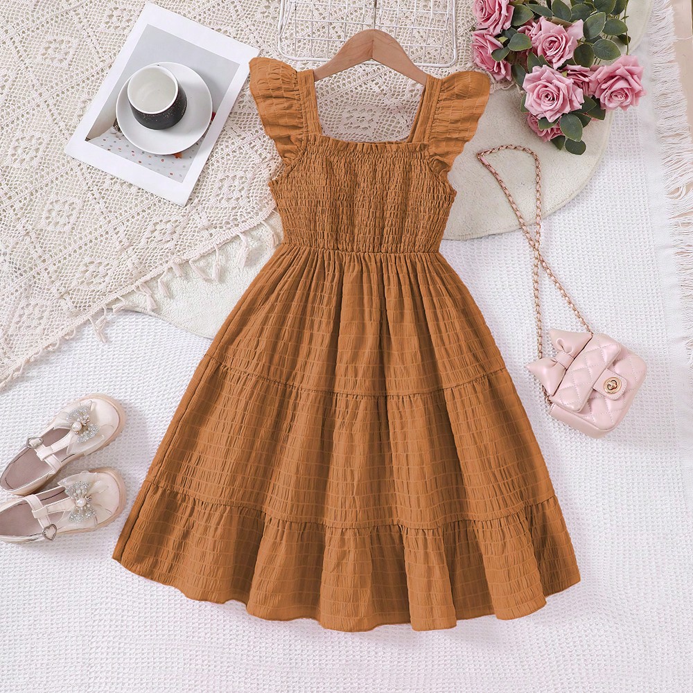 Vestido casual de vacaciones de manga corta con cuello cuadrado y cintura ceñida, de tela texturizada para niñas preadolescentes, primavera/verano