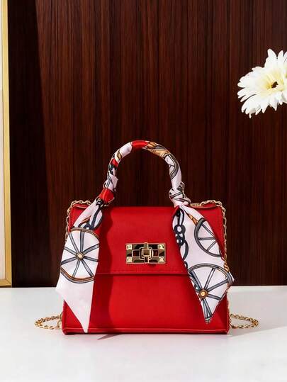 1 pieza Bolso de mano mini para mujer, bolso bandolera cruzado con decoración de cadena y pañuelo de moda (patrón del pañuelo aleatorio)