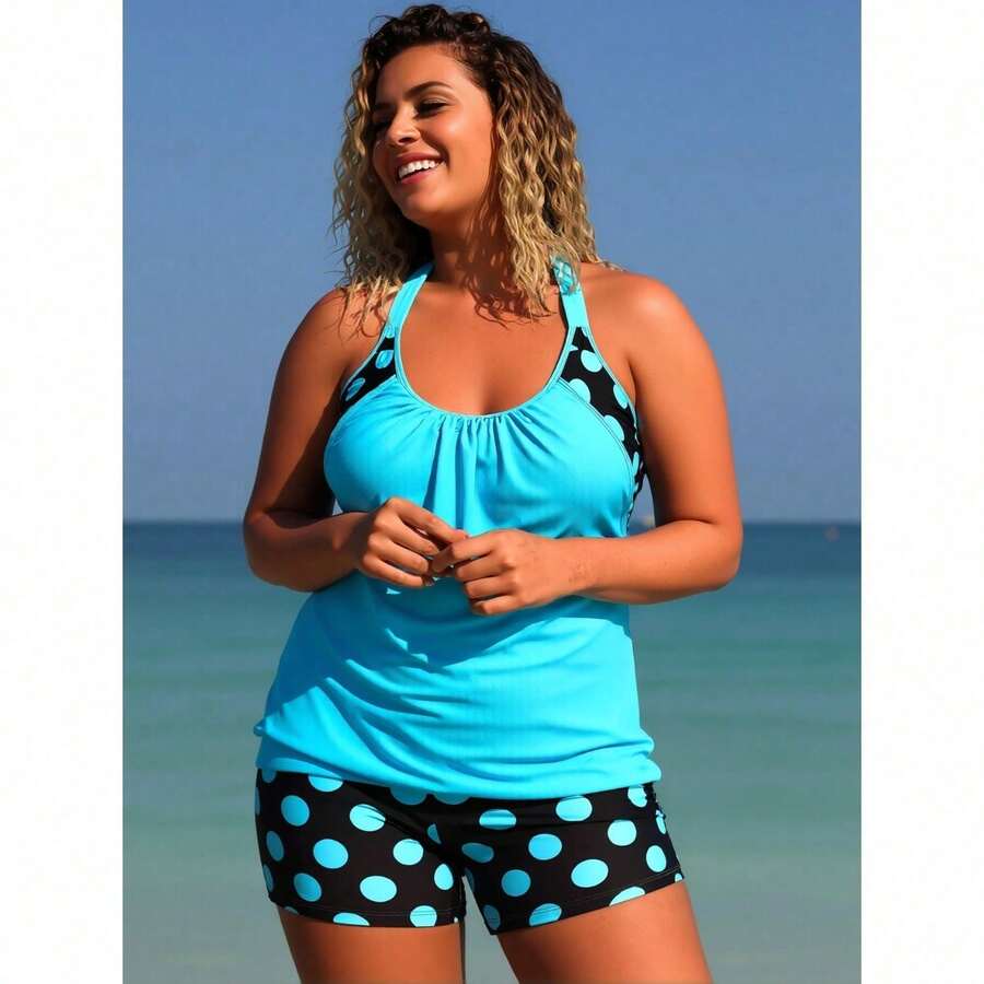 Women's Two-Piece Swimwear Set – Mix Of Print And Solid Styles For Beach & Resort Wear - 淺藍色 - 查看 1
