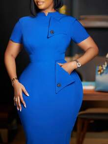 女士中长连衣裙，独特纽扣装饰，口袋设计凸显身材曲线，优雅商务正式中长连衣裙，纯色，面料高档，纽扣设计，口袋，女士中长连衣裙，适合婚礼、度假、办公室、日常、工作、约会、春秋季等场合。 - 寶藍色 - 查看 3