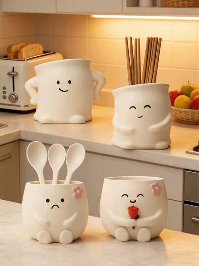 1pc Cute Mood Kitchen Utensil Holder: Adorable Holder For Spoons, Forks And Tools - Keeps Your Countertop Neat And Stylish! Perfect For A Cozy Home Kitchen, Adding Fun To Your Cooking Prep. Durable And Cute Utensil Organizer - An Essential Tool To Create A Tidy And Pleasant Kitchen Space (Please Check The Size Before Purchasing)