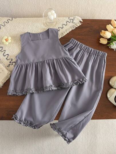 Girls' Fashion Summer Set, Square Neck Solid Color Contrast Lace Sleeveless Top Paired With Casual Pants, Suitable For 3-7 Years Old