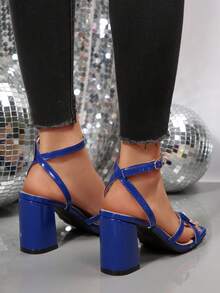 1双时尚性感蝴蝶结派对PU皮搭扣蝴蝶结女士高跟凉鞋，适合搭配连衣裙或日常穿着，春夏款 - 藍色 - 查看 8