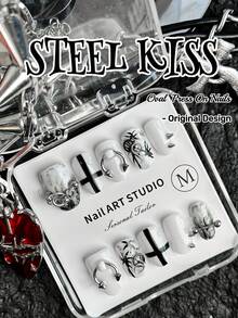 10片装手工朋克风亚克力美甲套装，包含短方形美甲片、黑色美甲片、可爱白色透明美甲片、撕裂设计美甲片和法式美甲片。完美融合十字架和星星元素，打造独具一格的朋克女孩风格。 - 彩色 - 查看 4