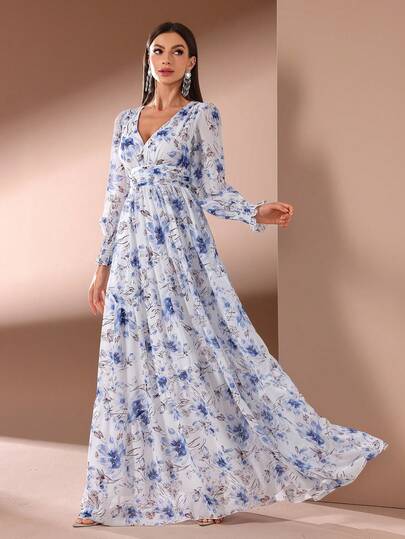 Elegant Women's Sweetheart Neck Long Sleeve A-Line Maxi Dress With Ruffle Contrast Mesh Details And Woven Floral Print Fabric